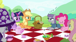 Size: 1268x705 | Tagged: safe, imported from derpibooru, screencap, applejack, fluttershy, maud pie, pinkie pie, rarity, twilight sparkle, alicorn, maud pie (episode), scrunchy face, twilight sparkle (alicorn)