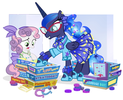 Size: 1200x982 | Tagged: safe, artist:pixelkitties, imported from derpibooru, princess luna, sweetie belle, alicorn, pony, unicorn, 1950s, 50's fashion, 50s, adorkable, alternate hairstyle, bipedal leaning, board game, bow, bracelet, braces, card, clothes, cute, diasweetes, dice, dork, dress, fashion, female, filly, frown, garbage day, glasses, grin, horseshoes, jewelry, lunabetes, mare, necklace, open mouth, raised eyebrow, ribbon, silent night deadly night, simple background, skirt, smiling, stratego, tabletop game, transparent background