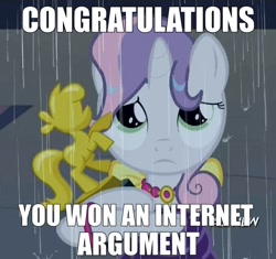 Size: 522x490 | Tagged: safe, imported from derpibooru, screencap, sweetie belle, for whom the sweetie belle toils, award, caption, female, image macro, internet argument, meme, rain, reaction image, sad, solo, trophy