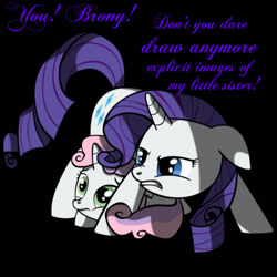 Size: 767x767 | Tagged: safe, artist:bigshot232, imported from derpibooru, rarity, sweetie belle, angry, anti-clop, big sister instinct, cowering, floppy ears, frown, gritted teeth, nose wrinkle, overprotective, standing, wide eyes