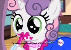 Size: 1015x709 | Tagged: safe, edit, edited screencap, imported from derpibooru, screencap, sweetie belle, for whom the sweetie belle toils, 5-year-old sweetie belle, all new, cute, female, hub logo, image macro, meme, solo, text