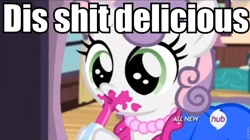 Size: 960x539 | Tagged: safe, edit, edited screencap, imported from derpibooru, screencap, sweetie belle, for whom the sweetie belle toils, 5-year-old sweetie belle, caption, clothes, cute, dress, female, hub logo, image macro, lipstick, meme, solo, vulgar, younger