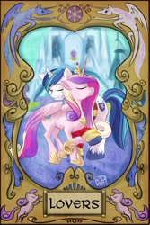 Size: 1204x1799 | Tagged: safe, artist:robd2003, imported from derpibooru, princess cadance, shining armor, card, eyes closed, female, holding hooves, male, shiningcadance, shipping, smiling, straight, tarot card