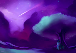 Size: 1000x694 | Tagged: safe, artist:amy30535, imported from derpibooru, oc, oc only, oc:light shine, pony, big tree, commission, night, night sky, paint, scenery, shooting star, solo, star lights, stars, tree, under the tree