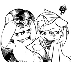 Size: 500x435 | Tagged: safe, artist:nekubi, imported from derpibooru, dj pon-3, octavia melody, vinyl scratch, accessory swap, accessory theft, grayscale, monochrome