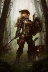 Size: 800x1200 | Tagged: safe, artist:assasinmonkey, imported from derpibooru, applejack, winona, dog, human, armor, badass, cowboy hat, dark, female, forest, hat, humanized, shield, solo, stetson, sword, tree