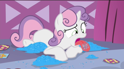 Size: 1920x1080 | Tagged: safe, imported from derpibooru, screencap, sweetie belle, for whom the sweetie belle toils, female, glitter, solo, tongue out