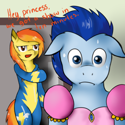 Size: 800x800 | Tagged: safe, artist:spittfireart, imported from derpibooru, soarin', spitfire, pony, semi-anthro, bipedal, caught, clothes, crossdressing, dress, floppy ears, hind legs, princess soarin, unamused, wonderbolts uniform