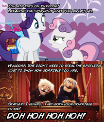 Size: 548x640 | Tagged: safe, imported from derpibooru, rarity, sweetie belle, for whom the sweetie belle toils, carousel boutique, hub logo, snark, statler, statler and waldorf, the muppets, waldorf