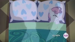 Size: 1018x571 | Tagged: safe, imported from derpibooru, screencap, sweetie belle, for whom the sweetie belle toils, bed, female, hub logo, solo