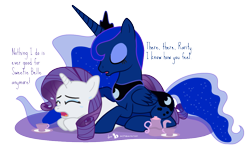 Size: 1075x650 | Tagged: safe, artist:dm29, imported from derpibooru, princess luna, rarity, alicorn, pony, unicorn, for whom the sweetie belle toils, crying, duo, female, implied sweetie belle, mare, simple background, tabitha st. germain, talking to herself, transparent background, voice actor joke