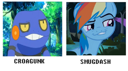 Size: 799x445 | Tagged: safe, edit, edited screencap, imported from derpibooru, screencap, rainbow dash, croagunk, daring don't, comparison, pokémon, smugdash