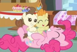 Size: 515x352 | Tagged: safe, imported from derpibooru, screencap, pinkie pie, pound cake, pumpkin cake, baby cakes, babies, baby, baby ponies, baby pony, cake, cake twins, candy, colt, cute, diaper, diapered, diapered colt, diapered filly, diapered foals, eyes closed, female, filly, foal, grin, happy, happy babies, male, on back, open mouth, playing, siblings, sitting, smiling, table, tickling, twins, white diapers