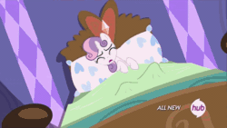 Size: 576x324 | Tagged: safe, imported from derpibooru, screencap, sweetie belle, for whom the sweetie belle toils, animated, bed, catapult nightmare, female, hub logo, hubble, marshmelodrama, mini marshmelodrama, solo, sweat, the hub