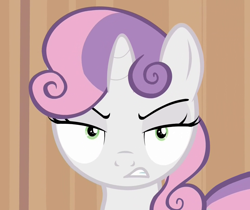 Size: 1250x1050 | Tagged: safe, imported from derpibooru, screencap, sweetie belle, pony, unicorn, for whom the sweetie belle toils, angry, death stare, faic, female, filly, frown, glare, gritted teeth, hub logo, looking at you, meme origin, solo, sweetie belle is not amused, unamused, wide eyes