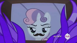 Size: 1016x574 | Tagged: safe, edit, imported from derpibooru, screencap, sweetie belle, for whom the sweetie belle toils, female, hub logo, moustache, solo