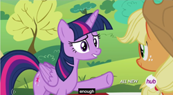 Size: 854x472 | Tagged: safe, imported from derpibooru, screencap, applejack, twilight sparkle, alicorn, pony, female, hub logo, mare, meme, twilight sparkle (alicorn), youtube caption