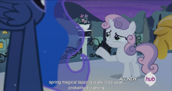 Size: 1439x762 | Tagged: safe, imported from derpibooru, screencap, princess luna, sweetie belle, for whom the sweetie belle toils, hub logo, meme, moonbutt brand instant lucidity, youtube caption