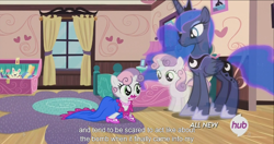 Size: 1440x762 | Tagged: safe, imported from derpibooru, screencap, princess luna, sweetie belle, for whom the sweetie belle toils, 5-year-old sweetie belle, cute, hub logo, meme, youtube caption