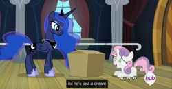 Size: 1600x830 | Tagged: safe, imported from derpibooru, screencap, princess luna, sweetie belle, alicorn, pony, unicorn, for whom the sweetie belle toils, box, dream, faic, female, filly, hub logo, lol, mare, meme, youtube caption