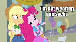 Size: 960x540 | Tagged: safe, imported from derpibooru, applejack, pinkie pie, equestria girls, applepie, balloon, barefoot, bedroom eyes, clothes, female, image macro, lesbian, meme, shipping, socks