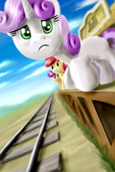 Size: 2695x4000 | Tagged: safe, artist:nekokevin, imported from derpibooru, apple bloom, scootaloo, sweetie belle, earth pony, pegasus, pony, unicorn, cutie mark crusaders, frown, sky, train station, train tracks