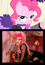 Size: 540x774 | Tagged: safe, imported from derpibooru, screencap, pinkie pie, over a barrel, clothes, comparison, dress, lady marmalade, moulin rouge, music video, pink, saloon dress, saloon pinkie, youtube