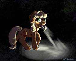 Size: 530x428 | Tagged: safe, artist:chimaerok, imported from derpibooru, applejack, chiaroscuro, dark, female, flashlight (object), mouth hold, solo, torch