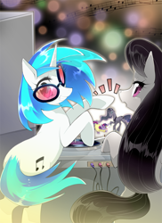 Size: 600x822 | Tagged: safe, artist:yuki-zakuro, artist:yukina-namagaki, imported from derpibooru, dj pon-3, octavia melody, twilight sparkle, vinyl scratch, earth pony, pony, unicorn, glasses, looking back, smiling, turntable