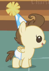 Size: 383x551 | Tagged: safe, imported from derpibooru, screencap, pound cake, pony, baby cakes, baby, baby pony, cute, diaper, diapered, diapered colt, happy, happy baby, hat, male, one month old colt, open mouth, party hat, solo, standing, white diaper