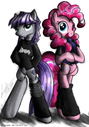 Size: 834x1200 | Tagged: safe, artist:flutterthrash, imported from derpibooru, maud pie, pinkie pie, pony, semi-anthro, alternate hairstyle, arm hooves, bipedal, clothes, duo, leg warmers, looking at you, metal, open mouth, smiling, venom (band)