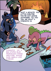 Size: 585x817 | Tagged: safe, artist:andypriceart, edit, idw, imported from derpibooru, princess luna, spike, board game, comic, kwyjibo, parody, scrabble, text edit, the simpsons