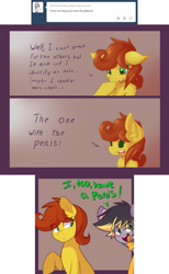 Size: 1280x2074 | Tagged: safe, artist:crombiettw, artist:senseidezzy, deleted from derpibooru, imported from derpibooru, oc, oc only, oc:aero, pegasus, pony, ask, cage-aux-pone, clothes, colt, dialogue, duo, fluffy, male, offspring, parent:derpy hooves, parent:oc:warden, parents:canon x oc, parents:warderp, scarf, tumblr, vulgar, waving