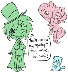 Size: 500x538 | Tagged: safe, artist:ecokitty, imported from derpibooru, fluttershy, human, oshawott, crossover, dialogue, dr jekyll and mr hyde, hat, mr hyde, pokémon, speech bubble, the glass scientists, top hat