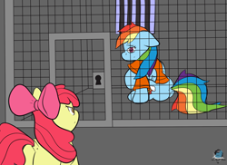 Size: 1024x747 | Tagged: safe, artist:gamefreakdx, imported from derpibooru, apple bloom, rainbow dash, angry, butt, clothes, door, duo, floppy ears, glare, jail, looking back, plot, prison, prison outfit, prisoner, prisoner rd, raised hoof, sad, sitting