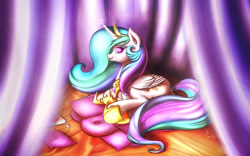 Size: 1920x1200 | Tagged: safe, artist:shydale, imported from derpibooru, princess celestia, bed, butt, chocolate, curtains, dock, female, looking at you, looking back, on side, pillow, plot, side, silk, smiling, solo, strategically covered