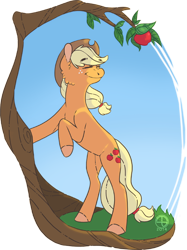 Size: 500x669 | Tagged: safe, artist:thomisus, imported from derpibooru, applejack, pony, apple, bipedal, bipedal leaning, eyes closed, female, partial background, smiling, solo, tree