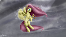 Size: 1920x1080 | Tagged: safe, artist:abluskittle, imported from derpibooru, fluttershy, pegasus, pony, hurricane fluttershy, female, flying, goggles, hoof hold, mare, rain, signature, solo, spread wings, windswept mane, windswept tail, wings