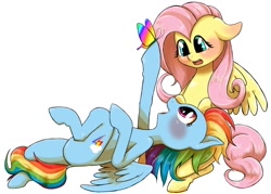 Size: 1024x734 | Tagged: safe, artist:kiriya, imported from derpibooru, fluttershy, rainbow dash, butterfly, dock, female, flutterdash, lesbian, pixiv, shipping