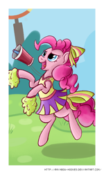 Size: 600x1000 | Tagged: safe, artist:rainbow-hooves, imported from derpibooru, pinkie pie, rainbow falls, bipedal, cheerleader, cheerleader pinkie, clothes, female, skirt, solo