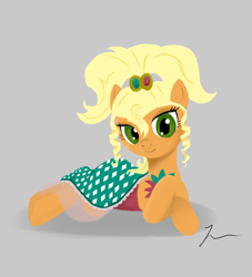 Size: 680x750 | Tagged: safe, artist:infernal-jason, imported from derpibooru, applejack, alternate hairstyle, applejewel, clothes, crossed hooves, dress, female, prone, solo