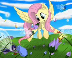 Size: 1920x1536 | Tagged: safe, artist:hydrusbeta, imported from derpibooru, fluttershy, breezie, pegasus, pony, cloud, female, flower, grass, mare, sky