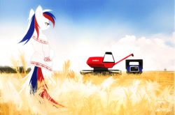 Size: 1200x793 | Tagged: safe, artist:kejifox, imported from derpibooru, oc, oc only, oc:marussia, pony, bipedal, clothes, combine harvester, field, food, nation ponies, russia, russian, solo, truck, wheat, wheat field