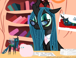 Size: 650x500 | Tagged: safe, artist:mixermike622, imported from derpibooru, queen chrysalis, oc, oc:fluffle puff, business suit, businessmare, clothes, pointy ponies, single panel, suit