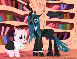 Size: 650x500 | Tagged: safe, artist:mixermike622, imported from derpibooru, queen chrysalis, oc, oc:fluffle puff, business suit, businessalis, businessmare, clothes, dress suit, single panel, suit