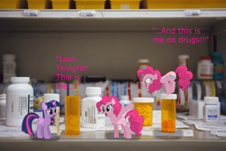 Size: 1280x853 | Tagged: safe, artist:chalcedonian, artist:digitalpheonix, artist:kysss90, artist:xpesifeindx, imported from derpibooru, pinkie pie, twilight sparkle, bad joke, bottle, double, drugs, irl, paper, photo, ponies in real life, shadow, vector