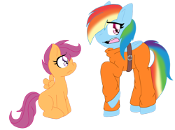 Size: 1024x760 | Tagged: safe, artist:sketchstarlight, imported from derpibooru, rainbow dash, scootaloo, belt, bound wings, clothes, cute, duo, frown, nervous, open mouth, prison outfit, prisoner, prisoner rd, raised hoof, sad, sitting