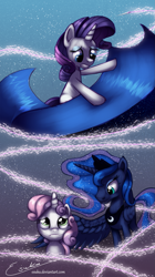 Size: 1121x2000 | Tagged: safe, artist:esuka, imported from derpibooru, princess luna, rarity, sweetie belle, for whom the sweetie belle toils