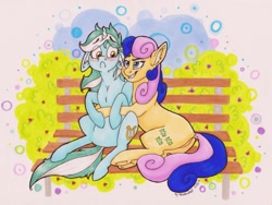 Size: 2165x1629 | Tagged: safe, artist:mylittlerainbowtail, imported from derpibooru, bon bon, lyra heartstrings, sweetie drops, bench, female, hug, lesbian, lyrabon, shipping, sitting, traditional art