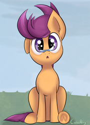 Size: 1024x1414 | Tagged: safe, artist:cuckooparty, imported from derpibooru, scootaloo, feather, female, implied rainbow dash, solo